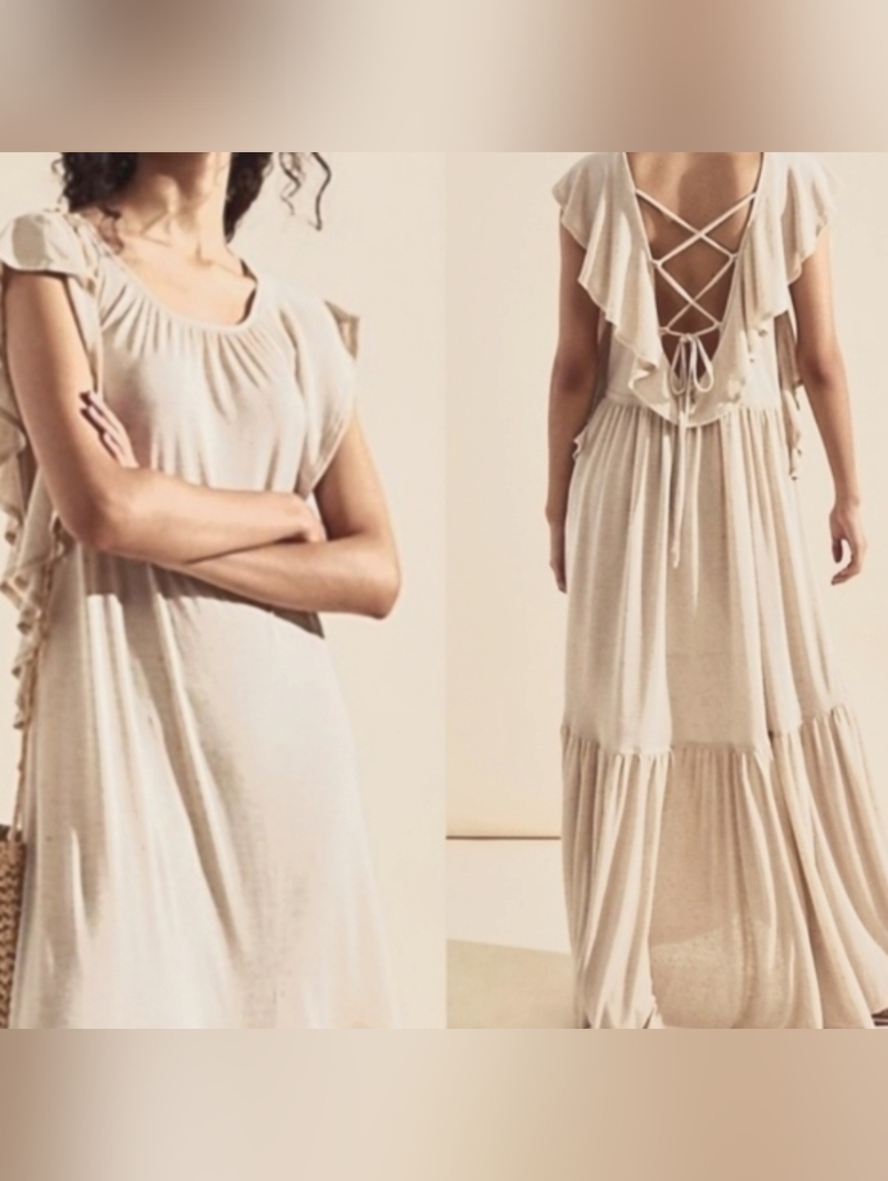 NEW Free People Beach Terrazo Oatmeal Maxi Dress Lace-Back Linen Blend NWOT